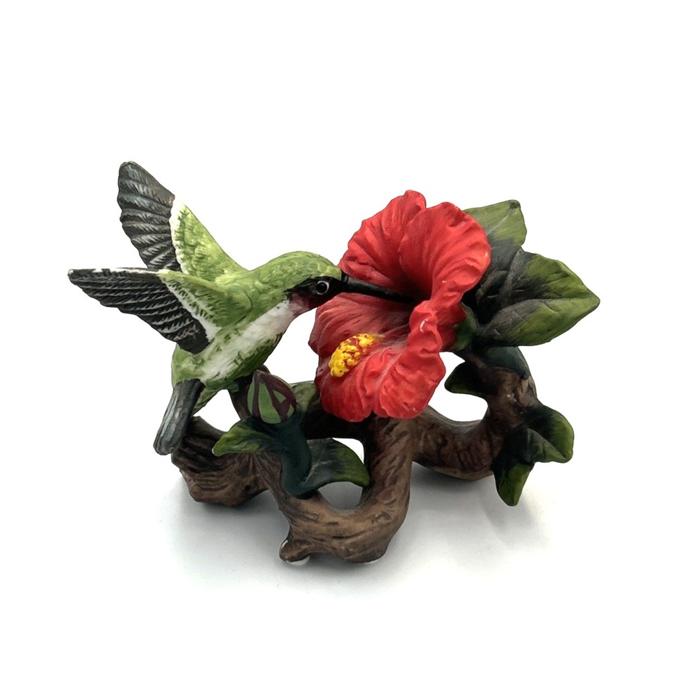 Porcelain Hummingbird & Red Hibiscus Flower on Branch Figurine